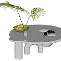 Modern Round White Marble Coffee Table With Green Plant Fruit Bowl And Book
