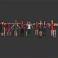 Diverse Cartoon Characters Holding Hands Standing In A Row With Gray Background And Floor Reflection