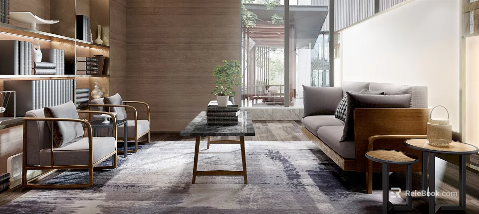 Modern Living Room Interior With Gray Sofa Wooden Coffee Table Area Rug And Potted Plant 3d model 