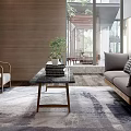 Modern Living Room Interior With Gray Sofa Wooden Coffee Table Area Rug And Potted Plant