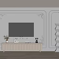 Living Room TV Wall With White Ribbed Stand Ornaments Spiral Floor Lamp Beige Carved Wall