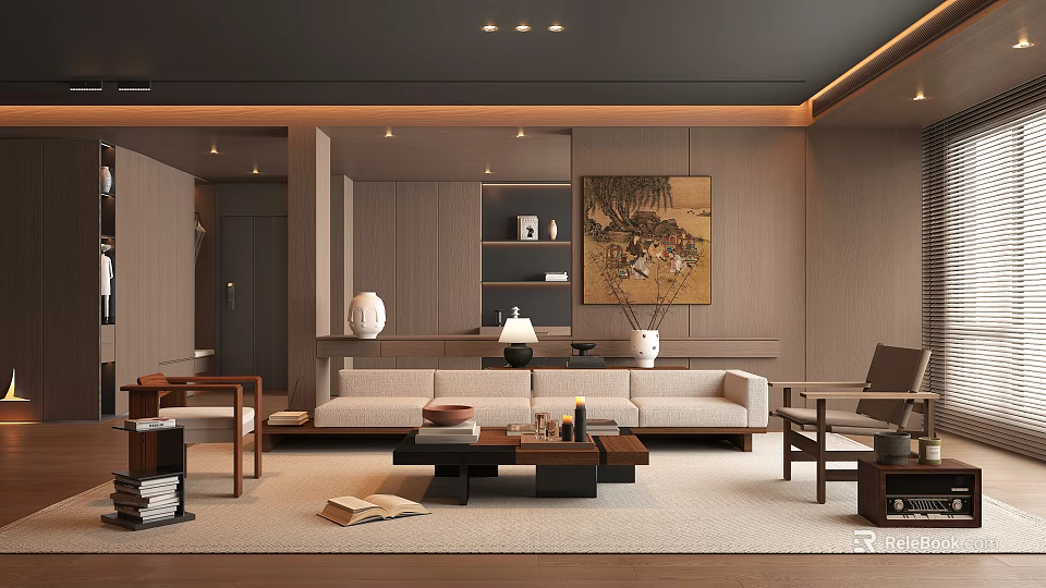 Modern Living Room With Beige Sofa Wooden Coffee Table Decorative Painting And Wooden Walls 3d model 