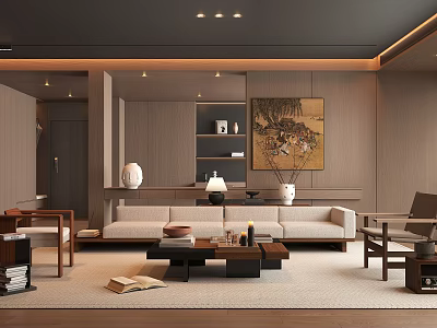 Modern Living Room With Beige Sofa Wooden Coffee Table Decorative Painting And Wooden Walls 3d model
