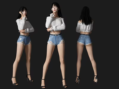 A Woman Wearing White Top Denim Shorts and Black High Heels From Three Angles 3d model