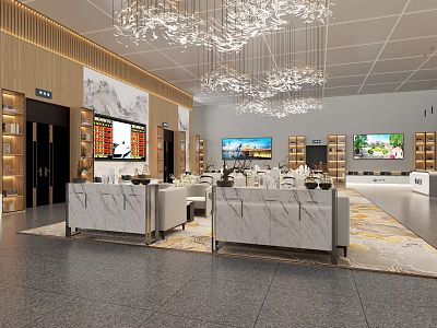 Modern Station Lobby With Luxurious Chandeliers Marble Counters Seats And Screens 3d model