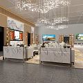 Modern Station Lobby With Luxurious Chandeliers Marble Counters Seats And Screens