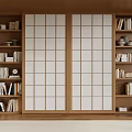 Wooden Bookshelves With Sliding Doors White Grid Panels Filled With Books And Decorative Items