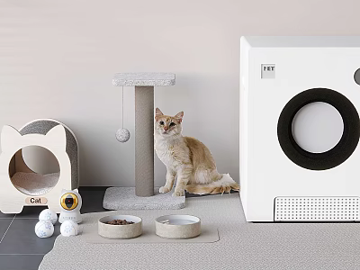 Cozy Cat Tree With Sitting Cat Scratching Post And Cat House Near Food Bowls 3d model