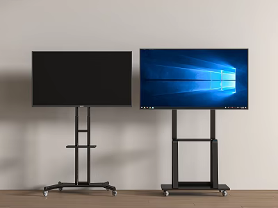 Two TVs on Black Rolling Stands One Powered On Showing Blue Screen 3d model