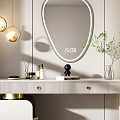 Elegant Modern Dressing Table With Oval Mirror Gold Accents Woven Stool And Green Plant