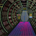 Futuristic Elevator Corridor Featuring Metallic Structure Grated Floor Circular Walls And Colored Lights