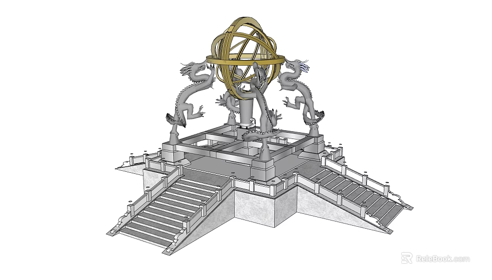 Traditional Dragon Sculptures Supporting Circular Structure On Stone Platform With Stairs 3d model