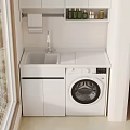 Cozy Home Balcony Design with White Cabinets Washing Machine and City View Window