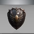 Ornate Medieval Shield with Bronze Accents Dark Metal Spiked Edges and Decorative Engravings