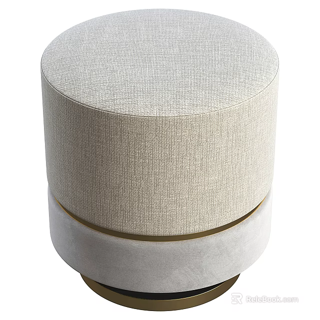 Round Beige Textured Fabric Upholstered Ottoman With White And Gold Layered Base 3d model 