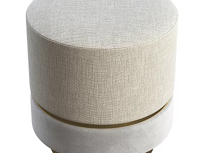 Round Beige Textured Fabric Upholstered Ottoman With White And Gold Layered Base 3d model