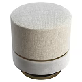 Round Beige Textured Fabric Upholstered Ottoman With White And Gold Layered Base
