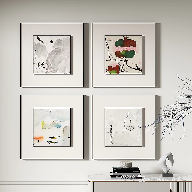 Four Square Paintings In White Frames Hung On Wall With Twig Branches And Decorative Objects 3d model 