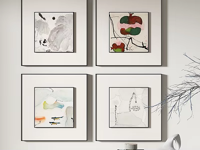 Four Square Paintings In White Frames Hung On Wall With Twig Branches And Decorative Objects 3d model