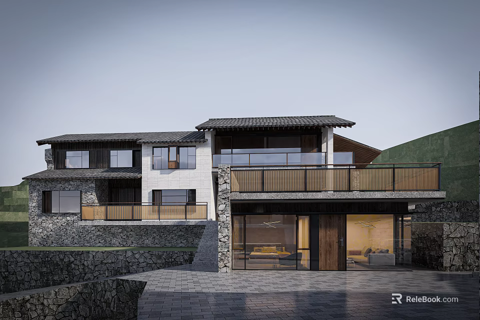 Traditional Modern Homestay Building With Stone Walls Tiled Roof Wooden Balcony And Mountain View 3d model 