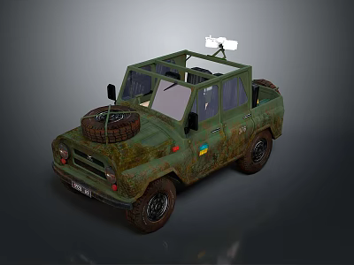 Green Military Off Road Vehicle With Weathered Body And Mounted Equipment On Roof 3d model