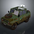 Green Military Off Road Vehicle With Weathered Body And Mounted Equipment On Roof