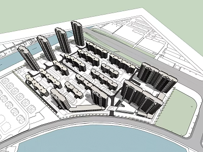 Modern Mixed Use Development With High Rise Towers Low Rise Buildings Road Network And Waterfront 3d model