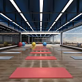 Spacious Fitness Studio With Colored Exercise Balls Red Gray Yoga Mats Large Windows And City View