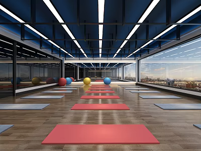 Spacious Fitness Studio With Colored Exercise Balls Red Gray Yoga Mats Large Windows And City View 3d model