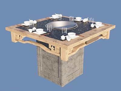 Square Dining Table With Wooden Frame Chinese Carving Black Tabletop Metal Center And Tableware 3d model