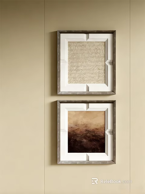 Two Framed Abstract Paintings on Beige Wall as Home Decor Artwork 3d model 