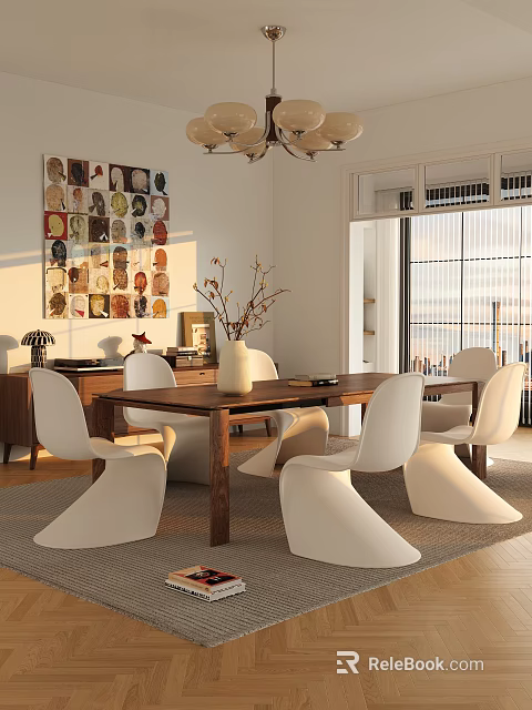 Modern Restaurant Interior Featuring Wooden Dining Table White Chairs Wall Art and Natural Light 3d model 