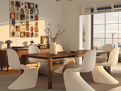 Modern Restaurant Interior Featuring Wooden Dining Table White Chairs Wall Art and Natural Light 3d model