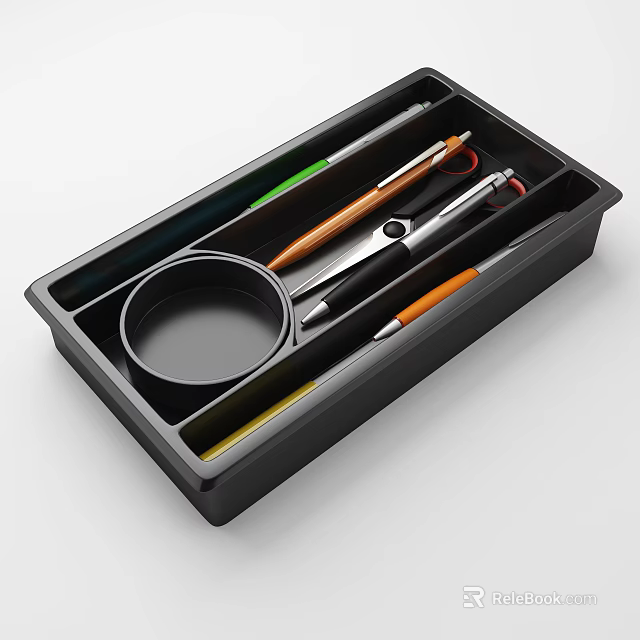 Black Organizer Tray With Multiple Compartments For Tools Scissors Pens And Magnifying Glass 3d model 