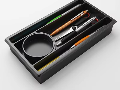 Black Organizer Tray With Multiple Compartments For Tools Scissors Pens And Magnifying Glass 3d model