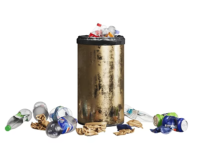 Trash Can With Scattered Plastic Bottles And Waste Around It 3d model