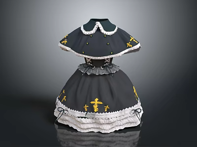Gothic Lolita Dark Gray Dress With Yellow Cross Patterns And White Lace Details 3d model