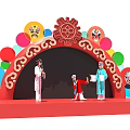 Traditional Chinese Opera Stage with Performers Red Arch and Colorful Facial Decorations