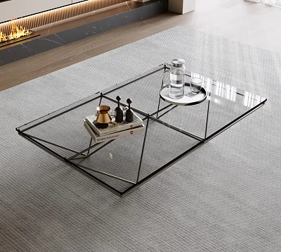 Modern Glass Top Coffee Table With Metal Frame On Grey Rug And Tray 3d model