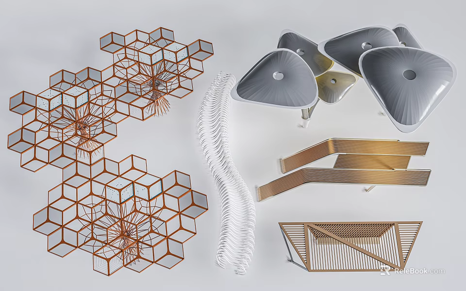 Modern Outdoor Pergola Designs Featuring Hexagonal Geometric Structures Curved White Frames And Golden Metal Frameworks 3d model 