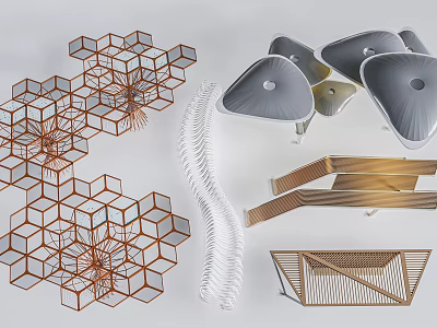 Modern Outdoor Pergola Designs Featuring Hexagonal Geometric Structures Curved White Frames And Golden Metal Frameworks 3d model