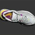 Gray Sports Shoes Featuring Pink Accents Yellow Logo And Blue Sole Design