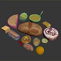 Assorted Delicious Food Items With Bread Cheese Sandwich Bagel Tart And Orange