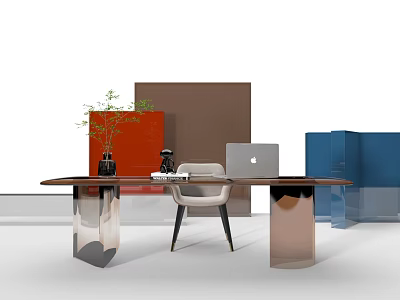 Modern Office Desk with Green Plant Vase Laptop and Chair Near Blue Brown Cabinets 3d model