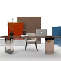 Modern Office Desk with Green Plant Vase Laptop and Chair Near Blue Brown Cabinets