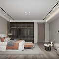 Modern Bedroom Interior With Arched Floor Lamp Double Bed Glass Wardrobe And Round Accent Chair