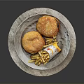 Two Delicious Grilled Burgers With Crispy French Fries On Rustic Plate
