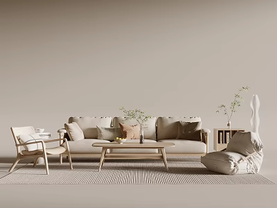 Modern Living Room Sofa And Coffee Table Set With Soft Pillows And Wooden Chair 3d model