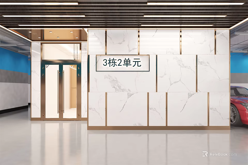 Modern Elevator Lobby With Marble Wall And Unit 2 Building 3 Sign 3d model