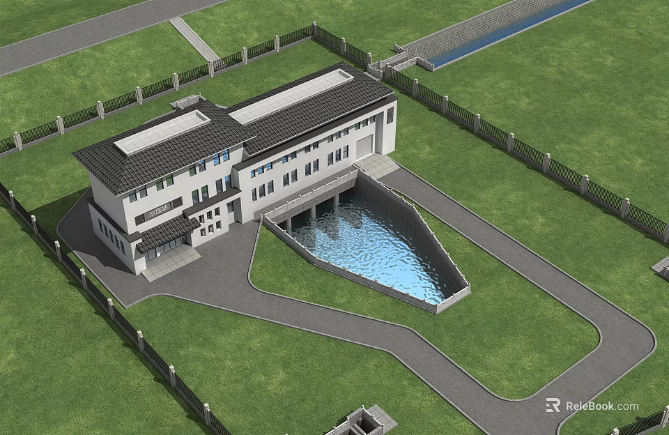 Modern White Building With Dark Roof Green Lawn Irregular Pool Fence And Pathway 3d model 